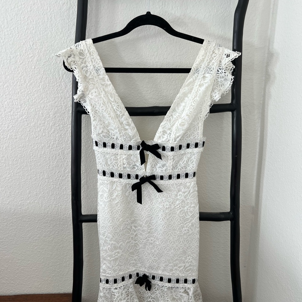 For Love And Lemons White Lace Dress with Black Bows